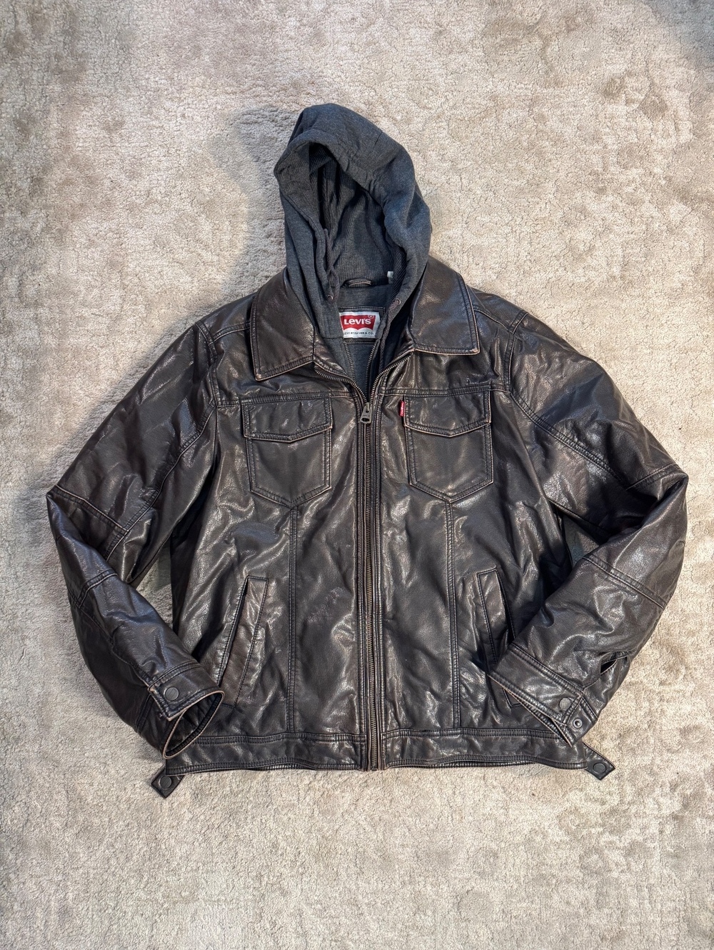 Levi's Men's Faux Leather Jacket with Hooded Inner Layer, Size M